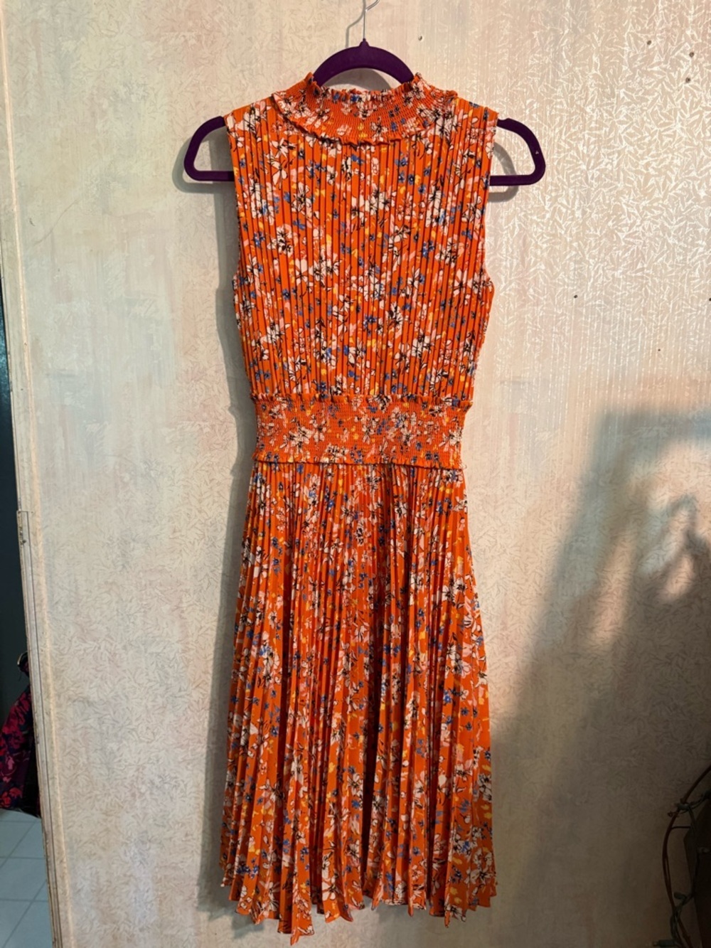Nanette Lepore Orange Floral Pleated, Smocked Waist And Neck Midi Dress, Sz 2